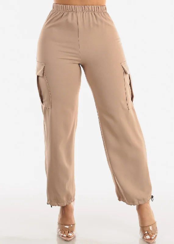 High Waist Drawstring Hem Cargo Pants Beige