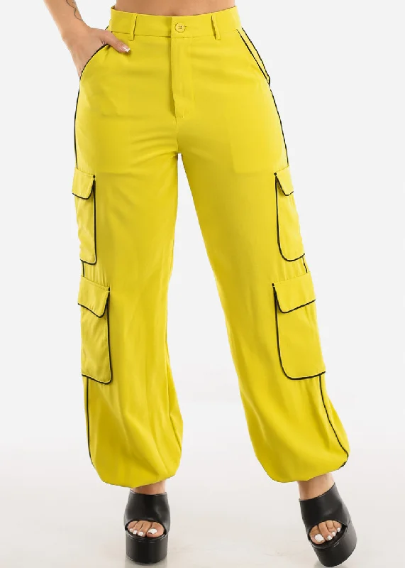 High Waist Lime Cargo Jogger Pants w Black Trim