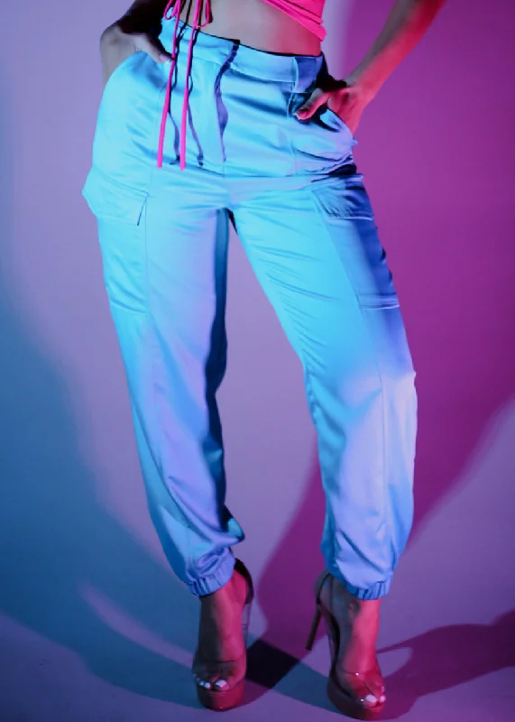 High Waist Satin Cargo Jogger Pants Aqua