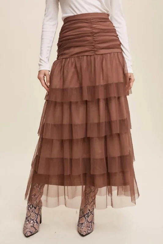 High Waist Tiered Mesh Maxi Skirt In Mocha