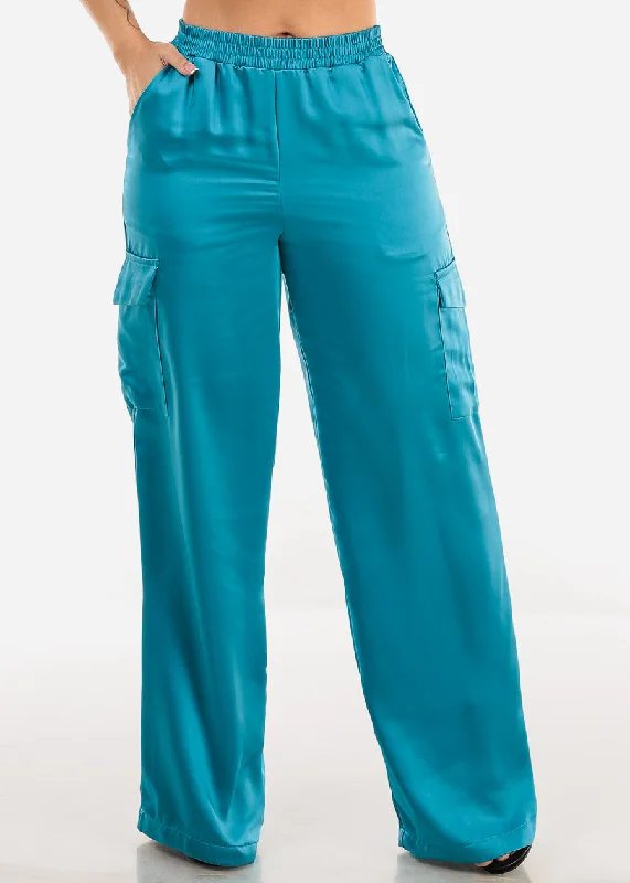 High Waisted Satin Wide Legged Cargo Pants Blue