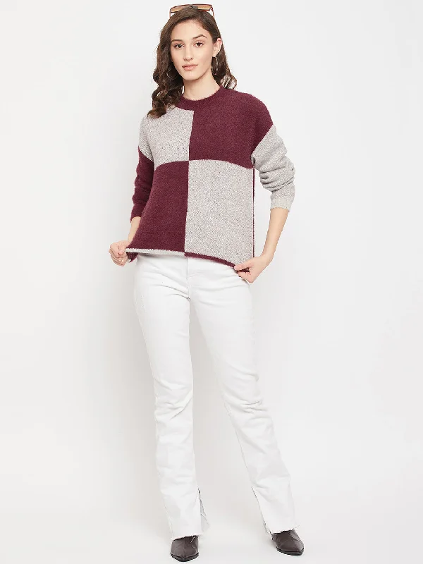 Madame Feather Knit Colourblocked Wine Sweater