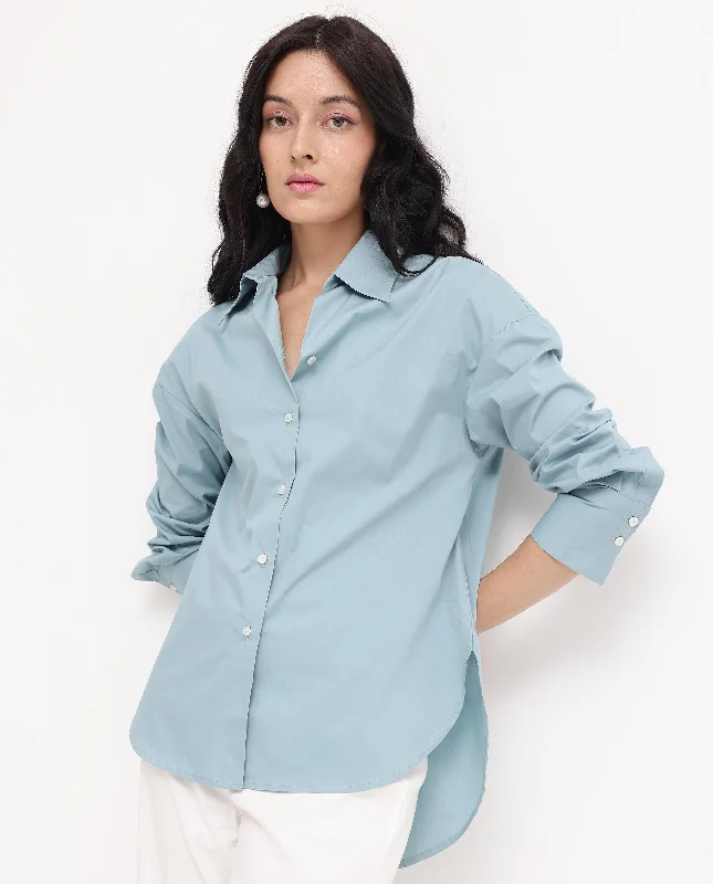 Rareism Women'S Matsue Light Blue Cotton Fabric Full Sleeve Collared Neck   Solid Shirt