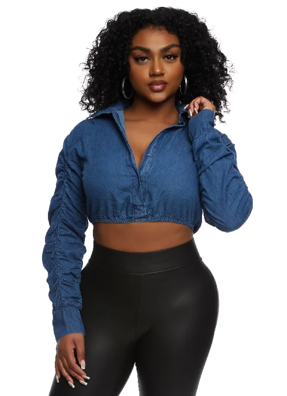 Highway Denim Ruched Sleeve Button Front Crop Top