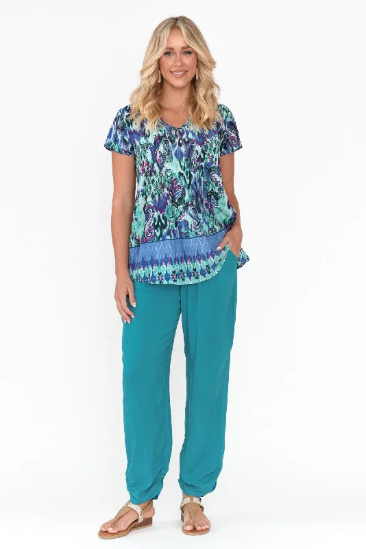 milly-teal-rucked-hem-pant