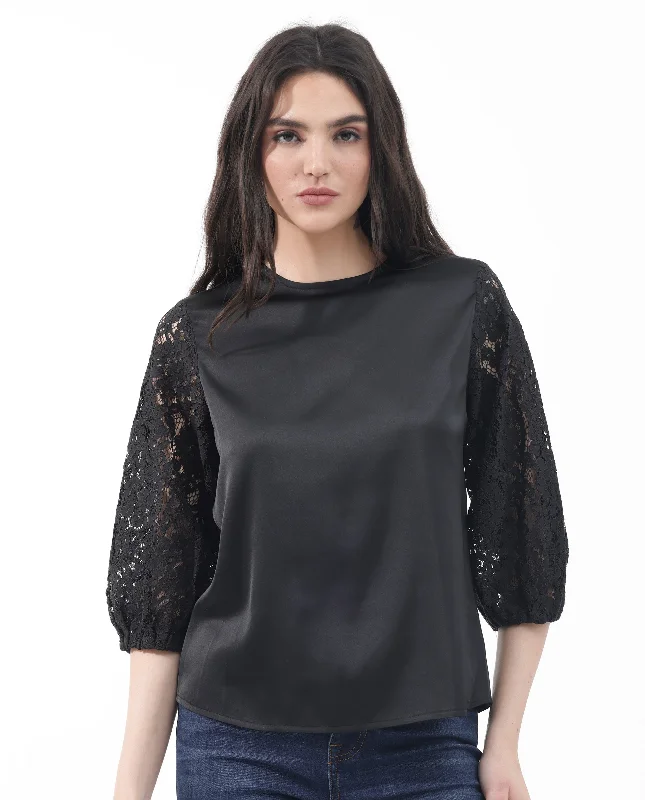 Rareism Women'S Norbury Black Polyester Fabric Balloon Sleeve Key Hole Neck Solid Regular Length Top