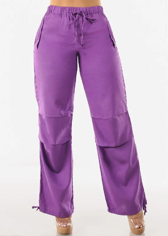 Purple Linen High Waisted Knee Pleats Jogger Pants