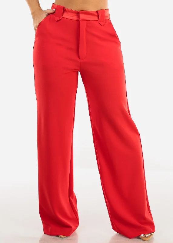 Red Wide Leg Stretch Dress Pants