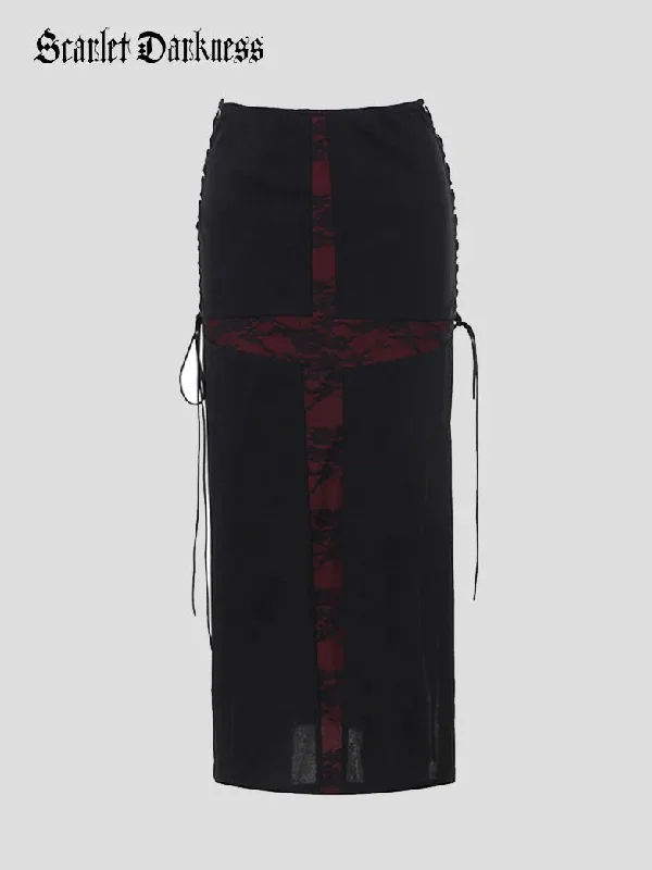 Women Gothic Skirts Cross Cut Out Slim Maxi Skirt