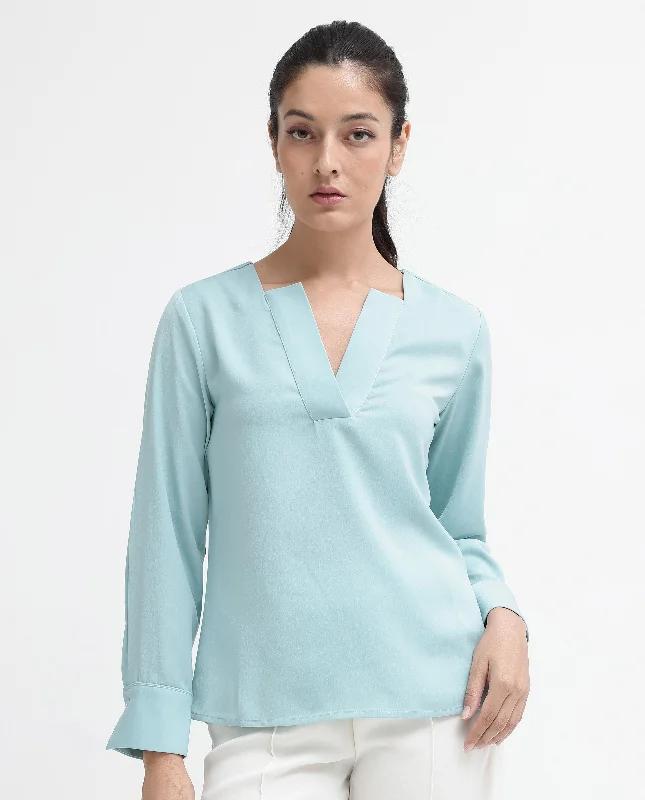 Rareism Women'S Shami Light Blue Cuffed Sleeve V-Neck Plain Top