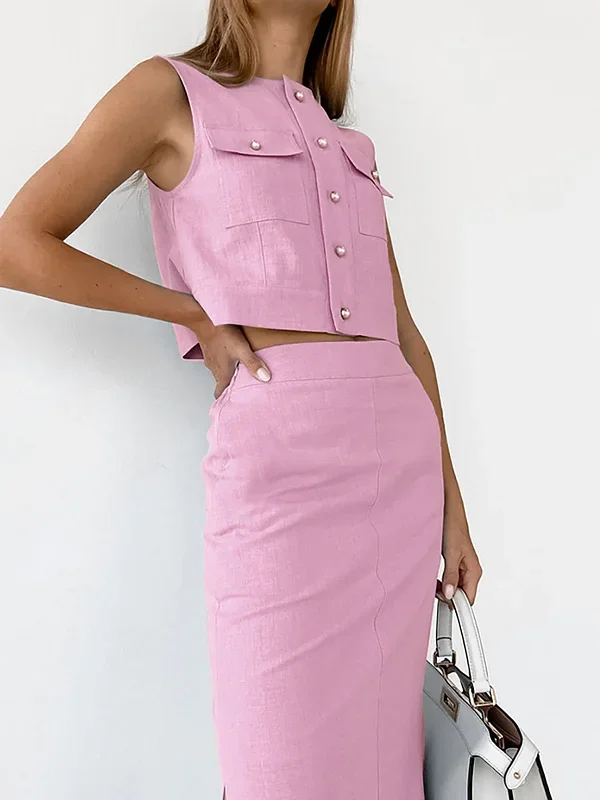 Split Pockets Sleeveless Skirt Set