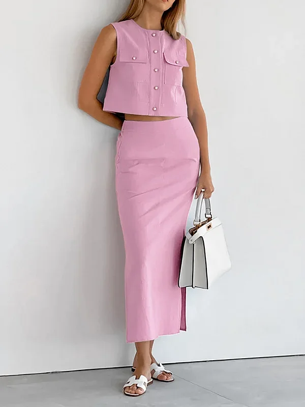 split-pockets-sleeveless-skirt-set