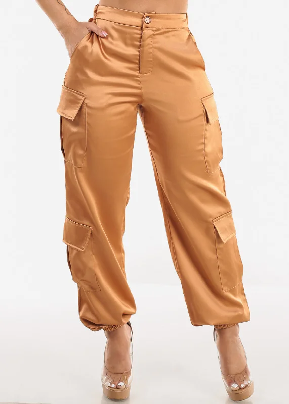 Super High Rise Satin Cargo Jogger Pants Rose Gold