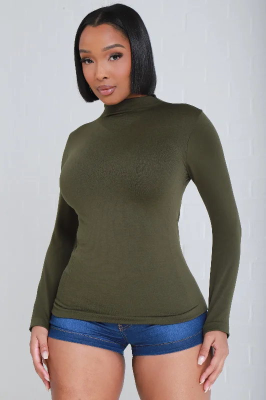 Sure Thing Long Sleeve Mock Neck Top - Olive