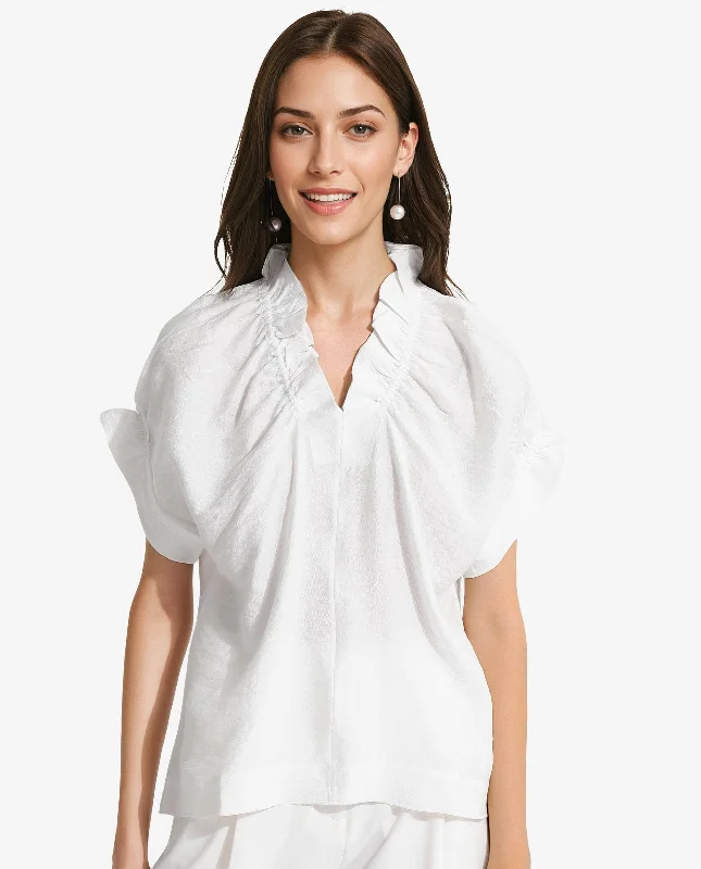 Rareism Women's Tichi White Extended Sleeves V-Neck Plain Top