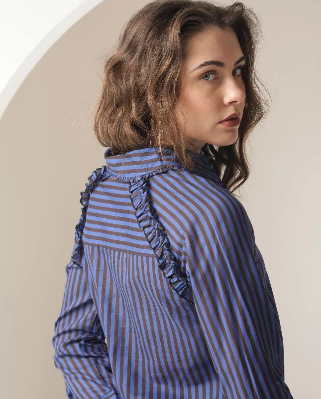 Rareism Women'S Treasure Dark Blue Cotton Fabric Full Sleeves Button Closure Shirt Collar Relaxed Fit Striped Shirt