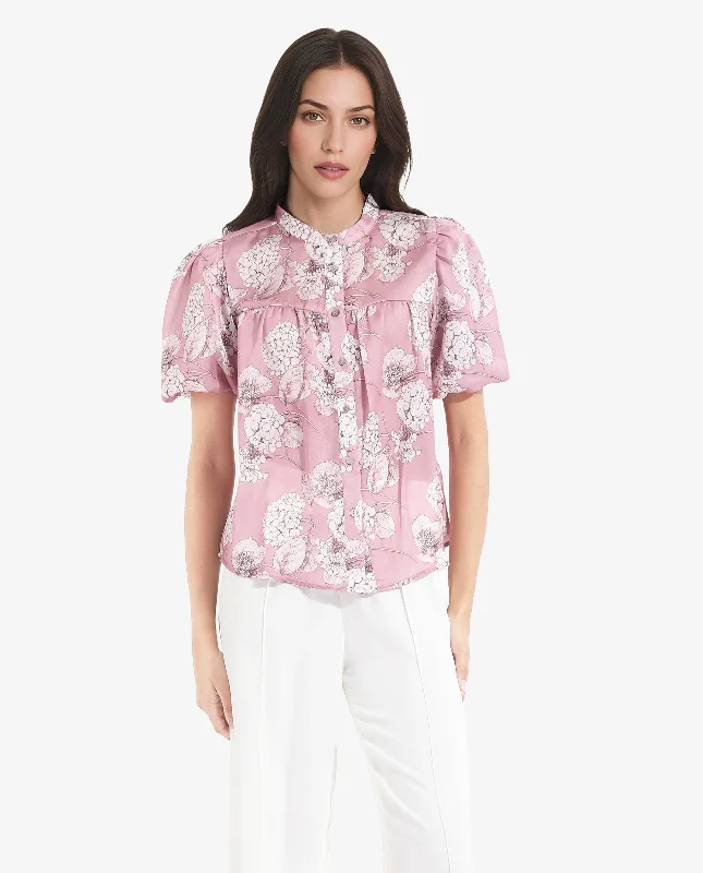 Rareism Women's Turino Dusky Pink Balloon Sleeve Mandarin Neck  Floral Print Top