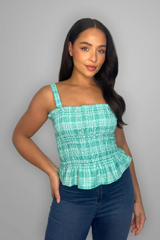 turquoise-plaid-shirred-summer-top