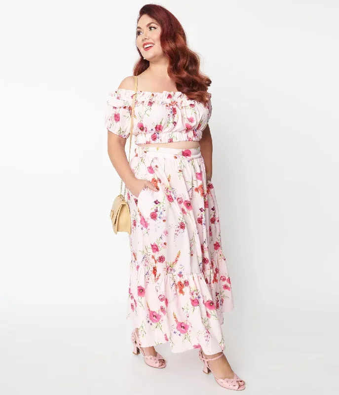 Unique Vintage Plus Size Light Pink Floral Tiered Midi Skirt