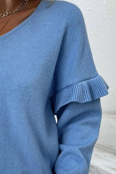 v-neck-ruffle-trim-long-sleeve-sweater