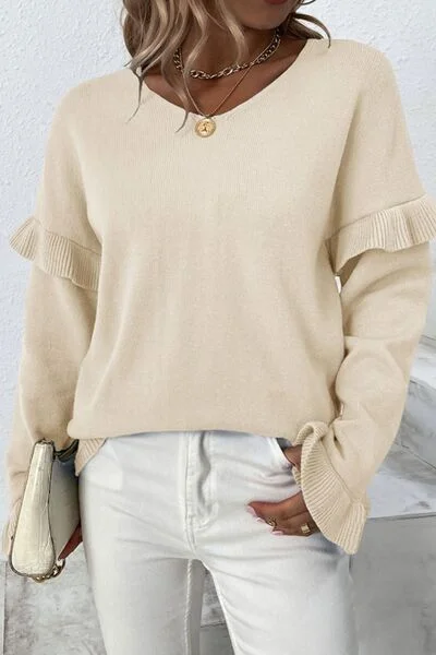 v-neck-ruffle-trim-long-sleeve-sweater