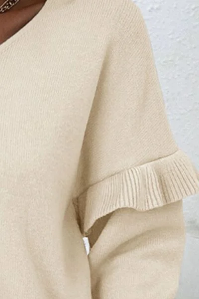 v-neck-ruffle-trim-long-sleeve-sweater