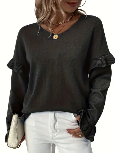 v-neck-ruffle-trim-long-sleeve-sweater