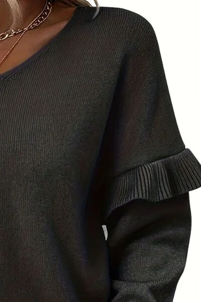 v-neck-ruffle-trim-long-sleeve-sweater