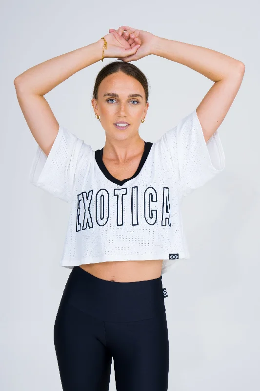 White Bball Mesh - V Neck Exotica Black Embroidered Cropped Boyfriend Tee